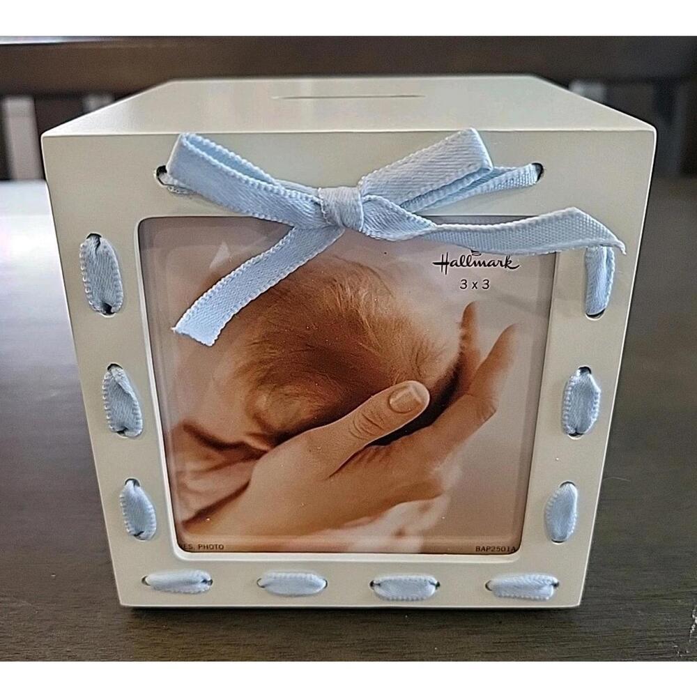 Boy Christening Photo Cube/Bank 3x3 Ivory Wood With Blue Ribbon